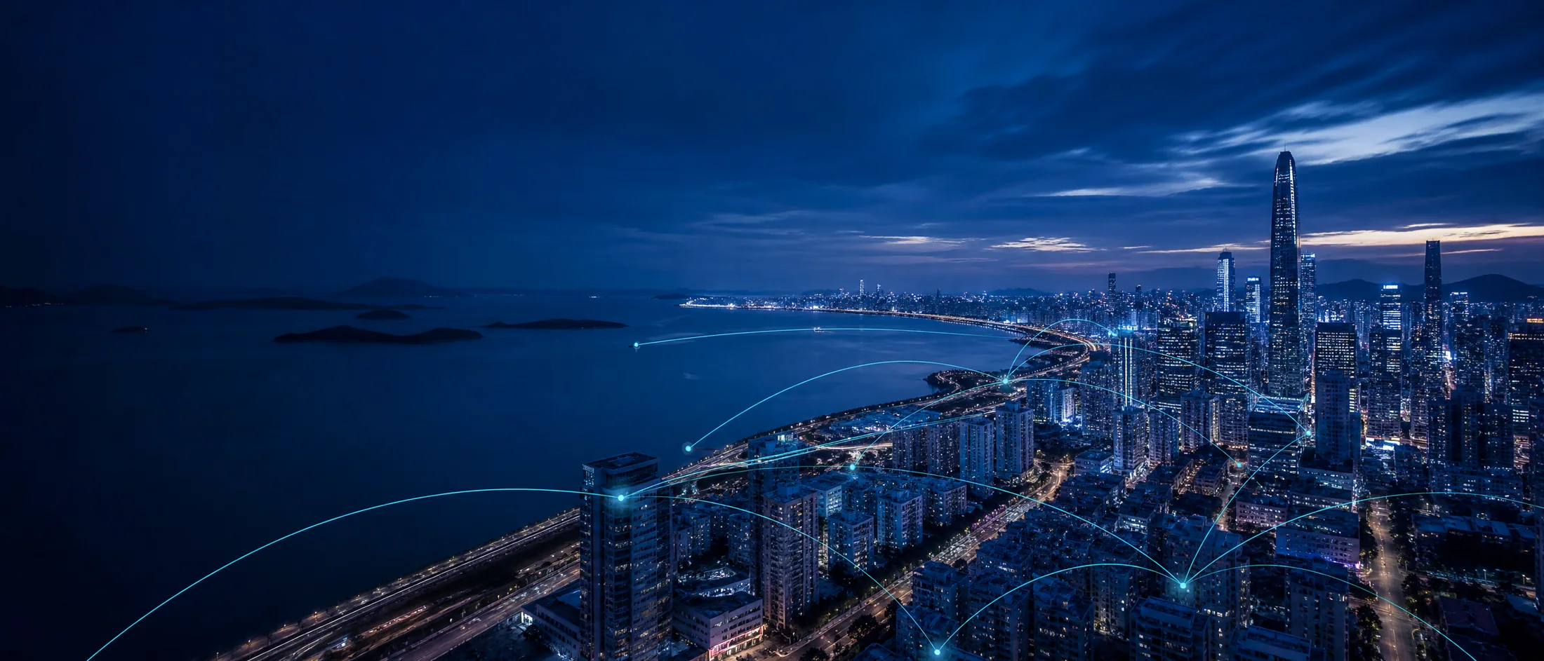 Global connected city at blue hour