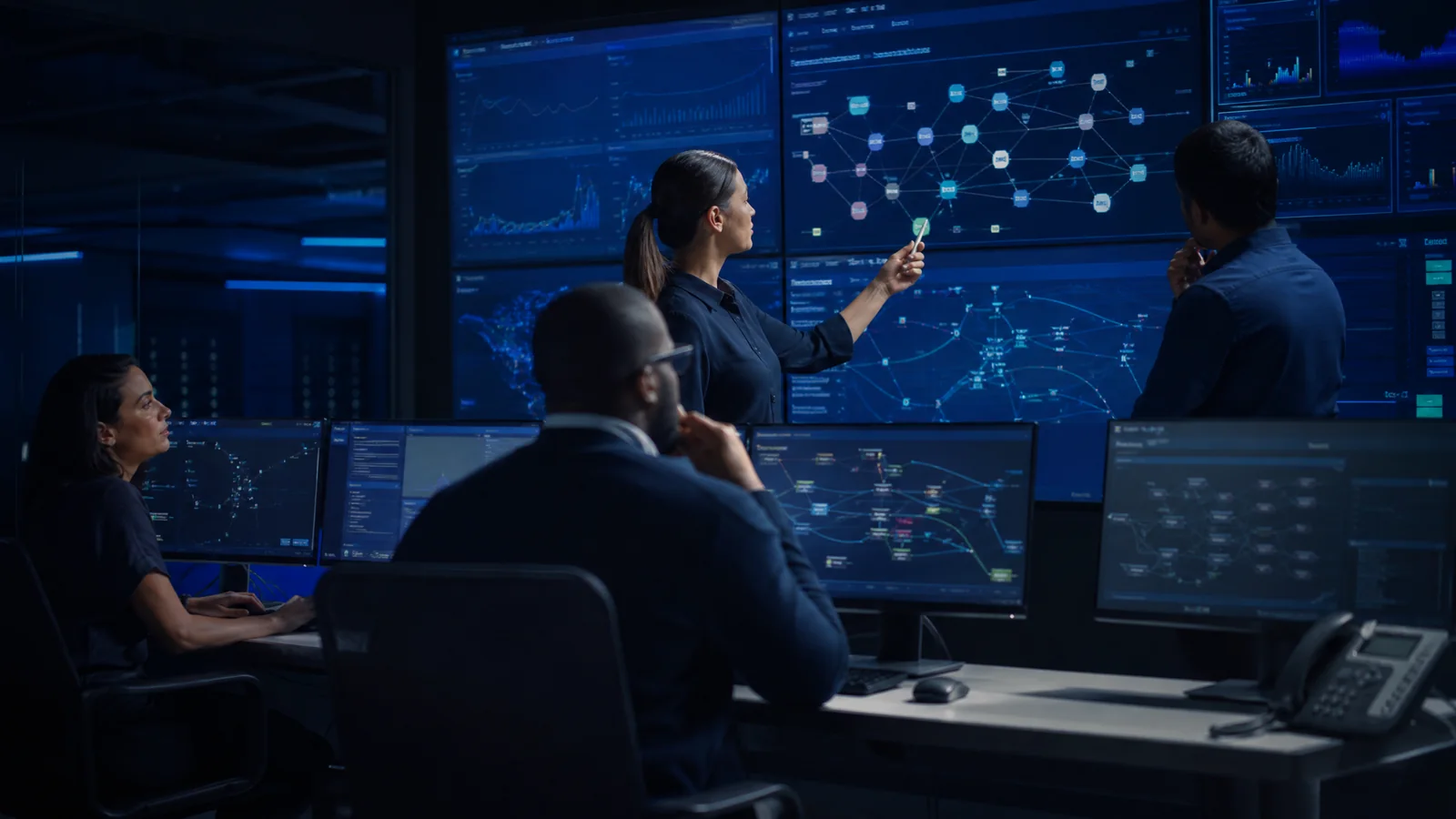 Technology professionals working in a network operations environment